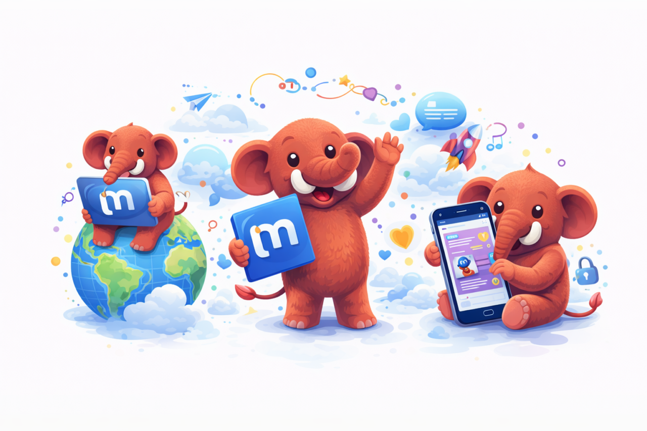 mastodon-romania-003 Ilustrație cu trei mamuți Mastodon care țin sigla platformei, un glob pământesc și un telefon cu mesaje