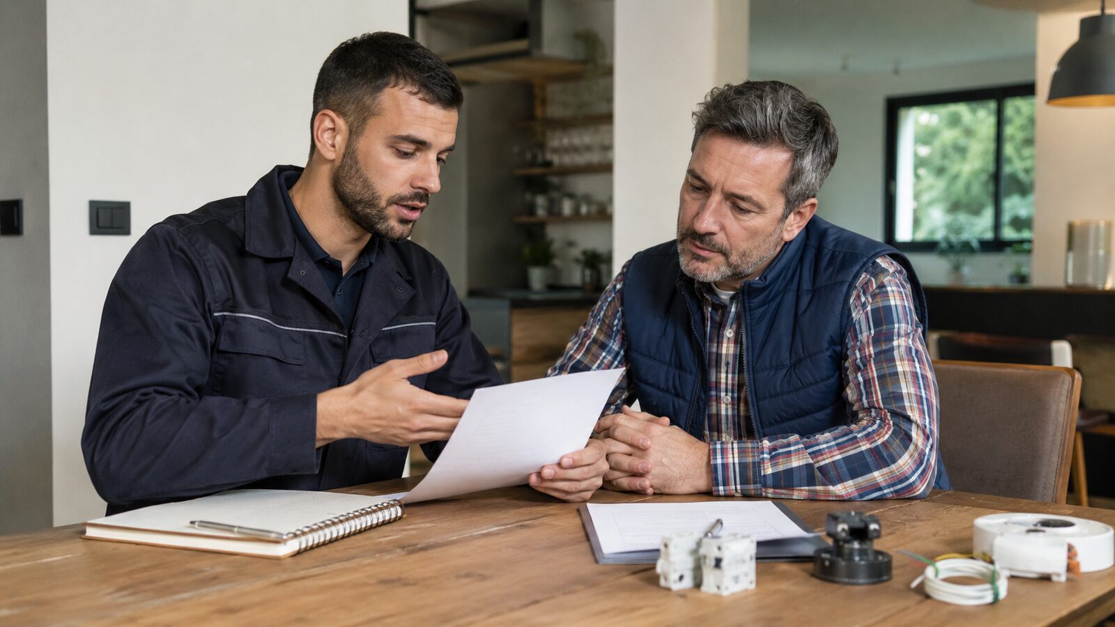 Discuție deviz intervenție electrician Iași Electrician și client care clarifică devizul și condițiile unei intervenții